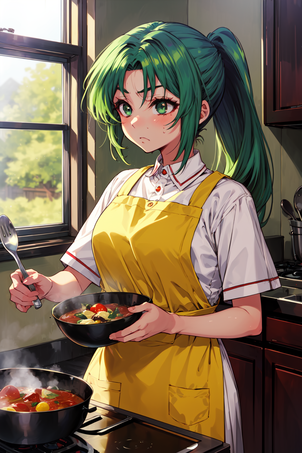 masterpiece,best quality,1girl,sonozaki mion,ponytail,green hair,long hair,green eyes,(apron),light frown,cooking,kitchen,...